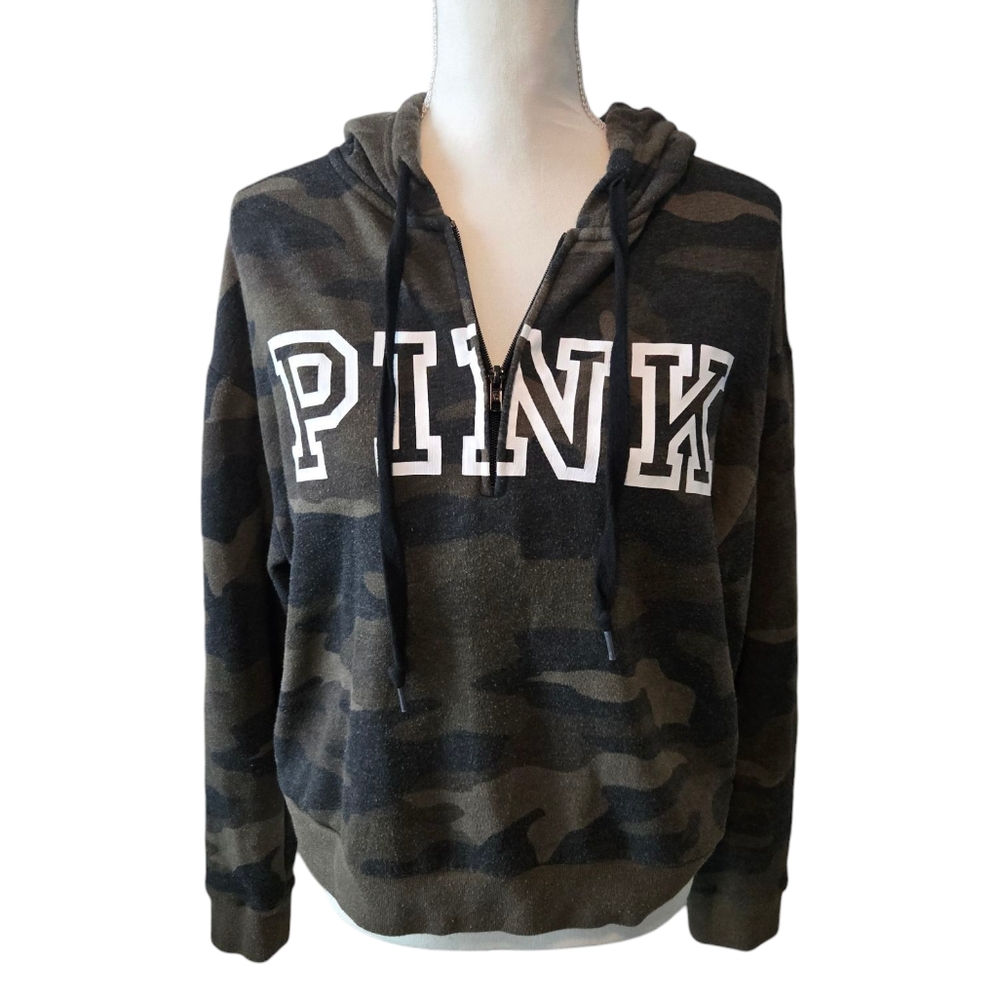 😁Victoria's Secret PINK Women's Camo Hunter Green Quarter Zip Hoodie Sweatshirt